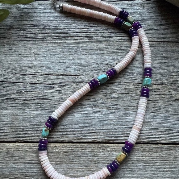 Southwestern Sterling Silver Pink Conch Multi Stone Bead Necklace. 18 Inch - Picture 7 of 12